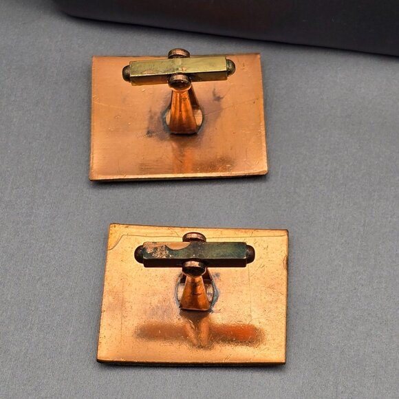 VTG MCM Copper & Enamel Cufflinks 1.25" Red Black Abstract Design Bullet Back - Picture 3 of 4